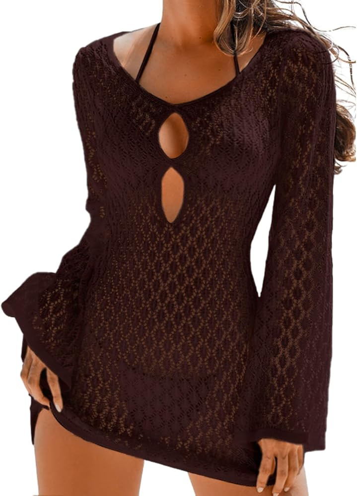 ChiaoLezhee Women's Summer Crochet Swimsuit Cover-up, Boho Long Bell Sleeve Mini Dress, for Beach... | Amazon (US)