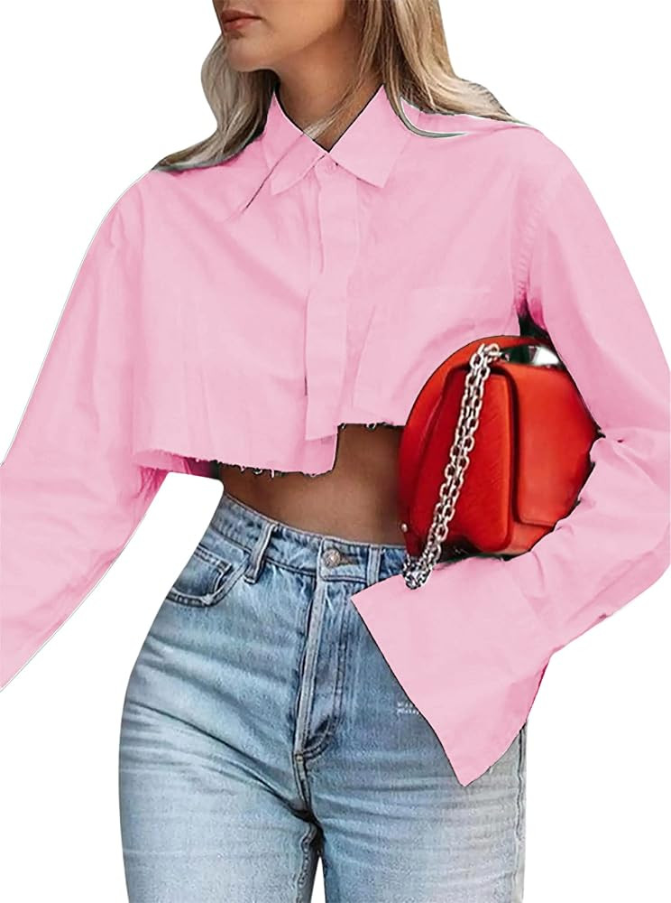 Remidoo Women's Asymmetrical Hem Long Sleeve Button Up Shirt Crop Top Blouse | Amazon (US)