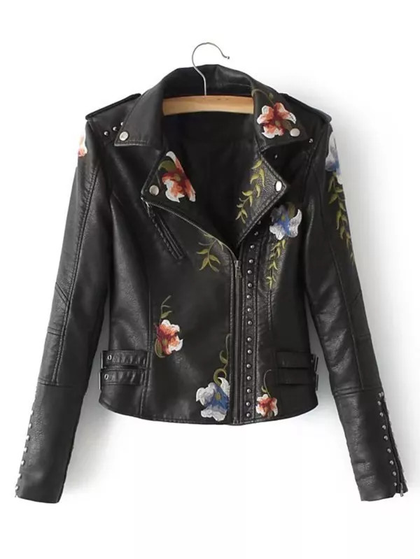 Floral Embroidered Studded Detail PU Moto Jacket | SHEIN