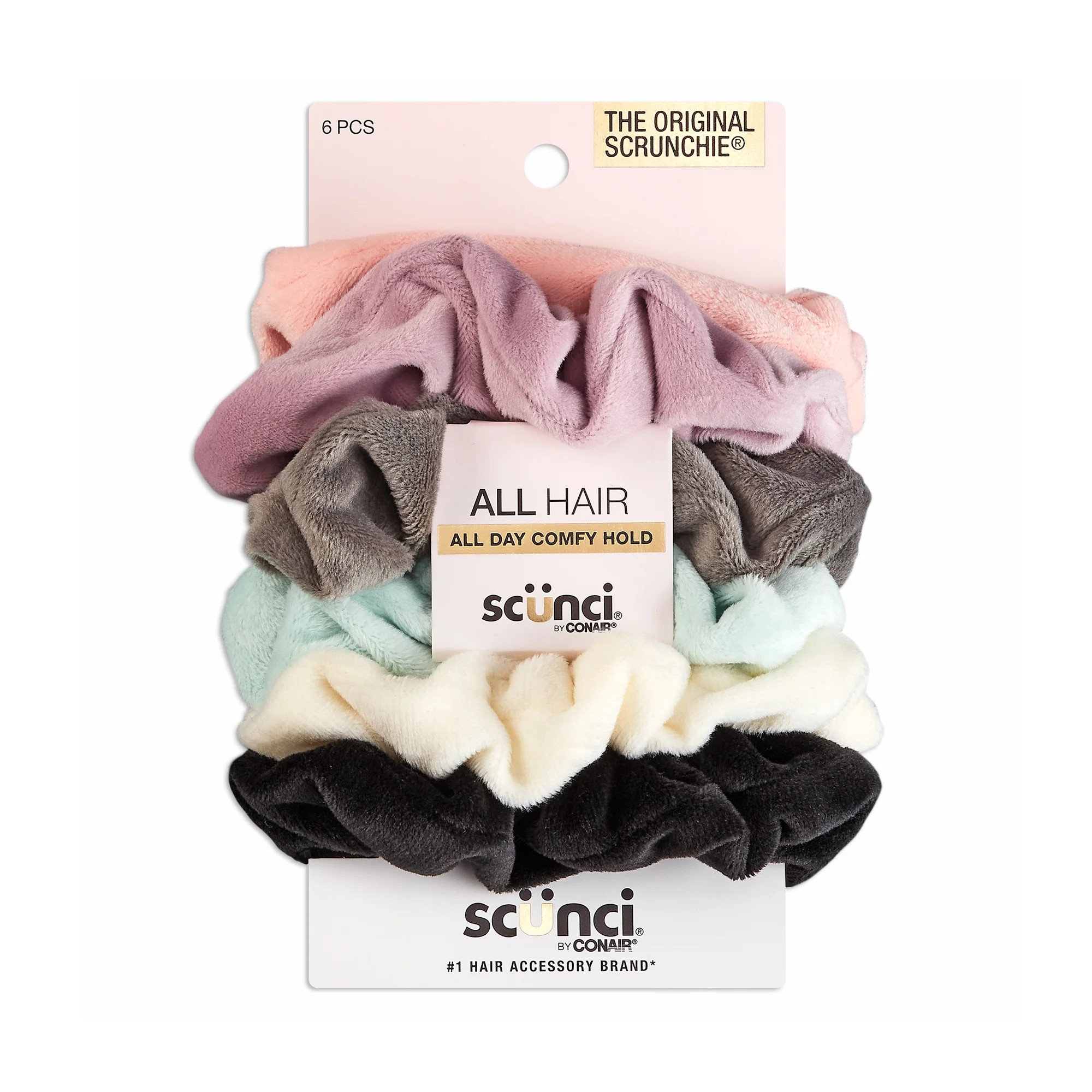 Scunci The Original Scrunchie Hair Ties in Soft Velour, Assorted Pastels and Black, 6 Ct | Walmart (US)