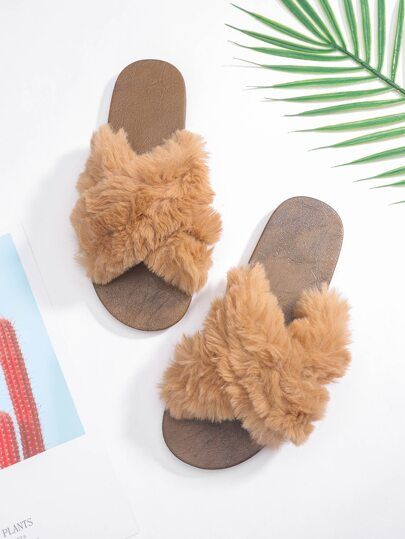 Faux Fur Decor Cross Strap Slides | SHEIN