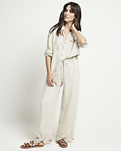 Stone linen blend broderie trousers | River Island (UK & IE)