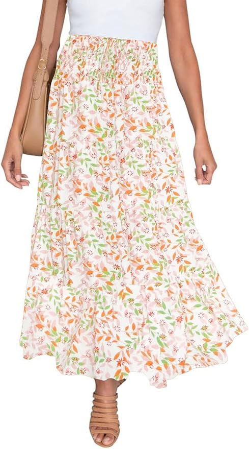 HAEOF Women's Summer Elastic High Waist Boho Maxi Skirt Casual Drawstring A Line Flowy Swing Long... | Amazon (US)