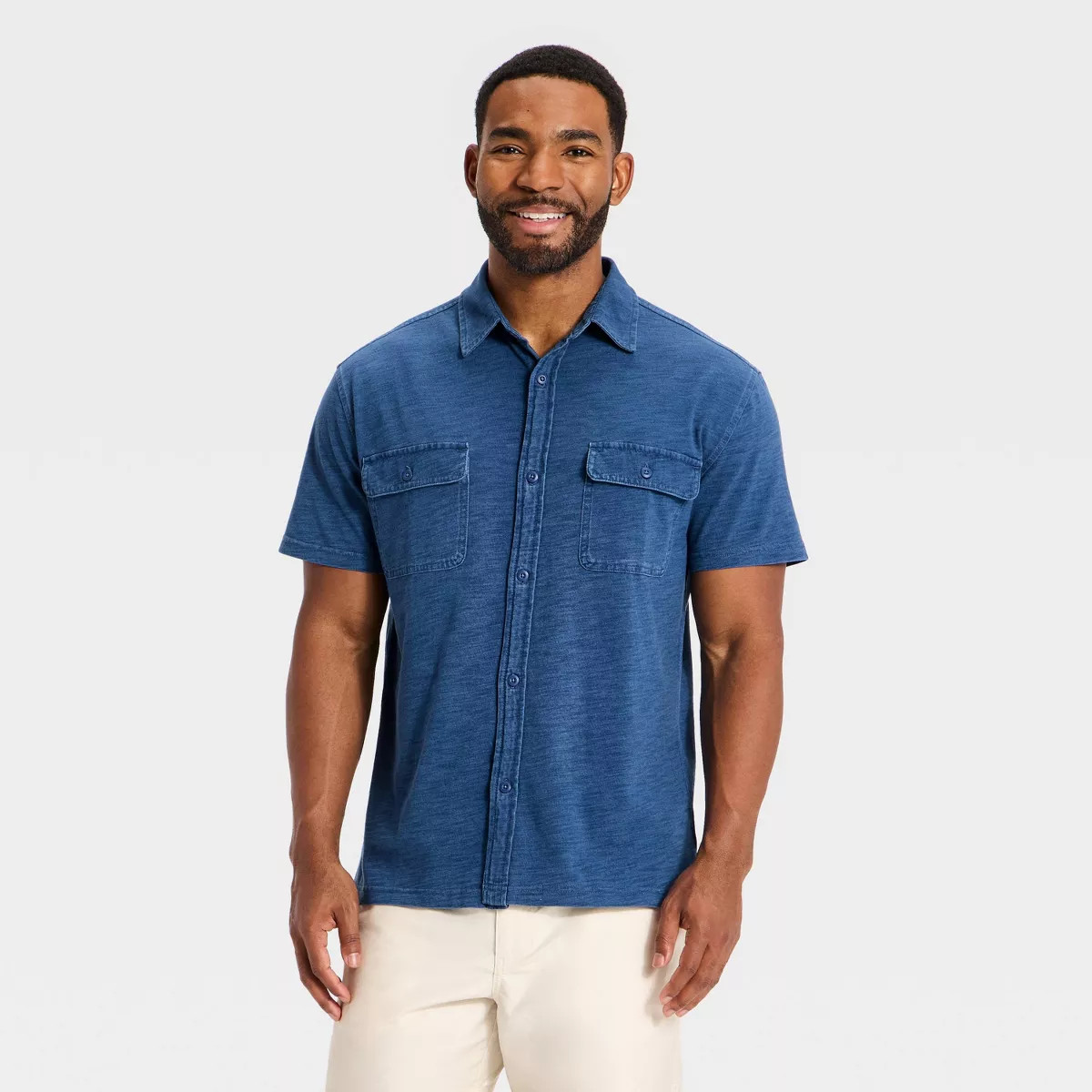 Men's Vintage Short Sleeve Garment Dye Button-Down Shirt - Goodfellow & Co™ Indigo L | Target