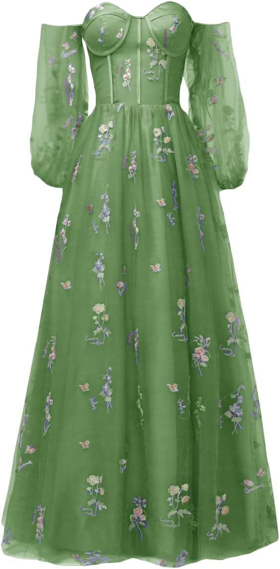 Puffy Sleeve Tulle Prom Dresses Flower Embroidery Ball Gowns for Women Tea Length A Line Formal E... | Amazon (US)