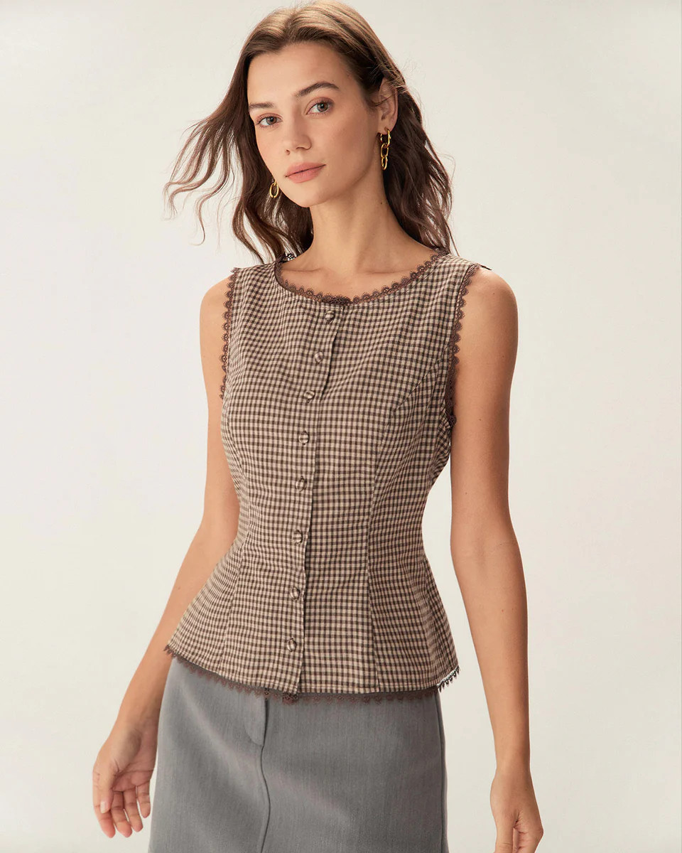 Brown Plaid Single Breasted Vest & Reviews - Brown - Tops | RIHOAS | rihoas.com