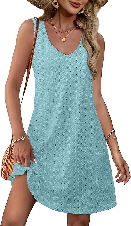 OFEEFAN Womens Summer Dresses 2025 Loose V Neck Sleeveless Sundresses Swimsuit Coverup with Pocke... | Amazon (US)