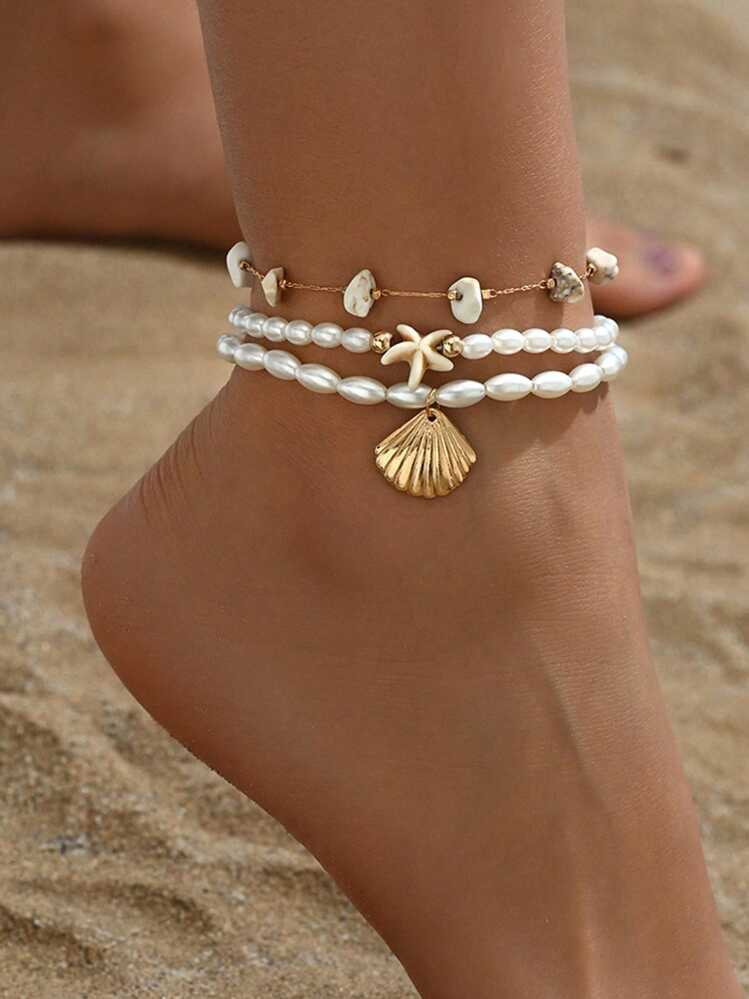 3pcs/Set Minimalist White Starfish Pearl Beaded Gold Seashell Stone Chain Anklet, Suitable For Daily Wear, Beach & Holiday | SHEIN