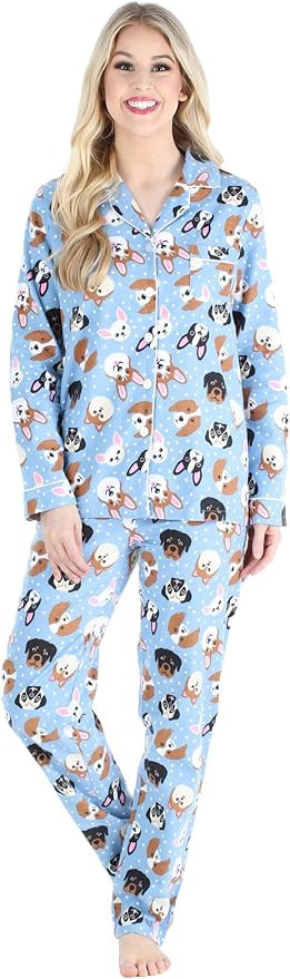 PajamaMania Women's Cotton Flannel Long Sleeve Button-Down Pajamas PJ Set | Amazon (US)