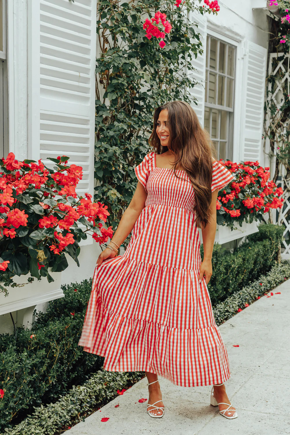 Brynn Ruffle Shoulder Midi Dress - Red Checker | BuddyLove