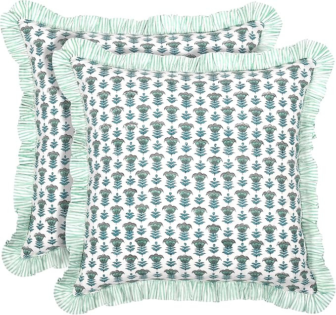 Ridhi Modern Farmhouse Pillow Covers Decorative Cotton Throw Pillow Covers Set of 2 Aquamarine Bl... | Amazon (US)