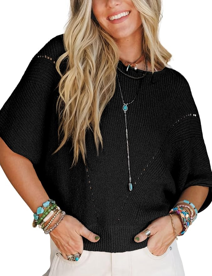 Womens Knit Sweater Top Half Batwing Sleeve Crew Neck Crochet Pullover Loose Casual T Shirt Blous... | Amazon (US)