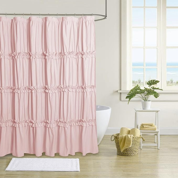 Farmhouse Ruffle Shower Curtain with Handmade Ruched, Vintage Ruffled Fabric Bathroom Curtains, D... | Amazon (US)