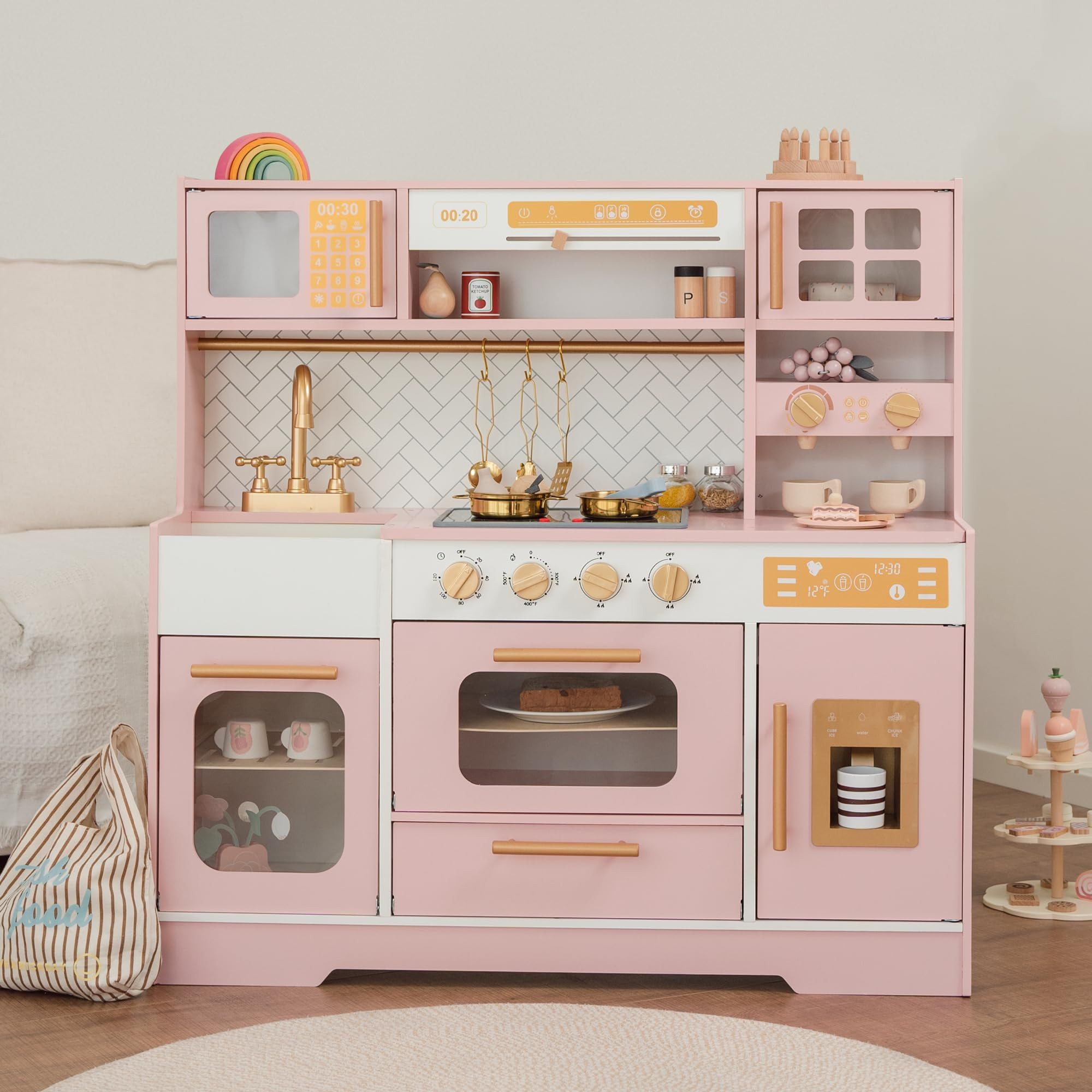 Pink Wooden Play Kitchen for Kids– Realistic Appliances, Storage & 15 Fun Accessories for Inspi... | Amazon (US)