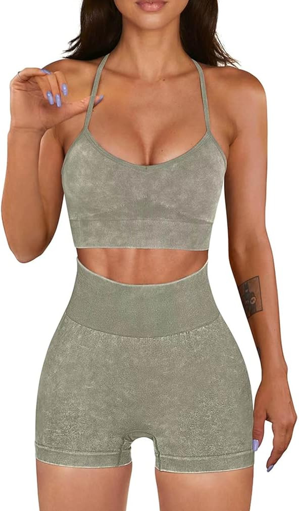 OQQ Workout Outfit for Women 2 Piece Seamless Acid Wash High Waist Shorts With Sports Bra Exercis... | Amazon (US)