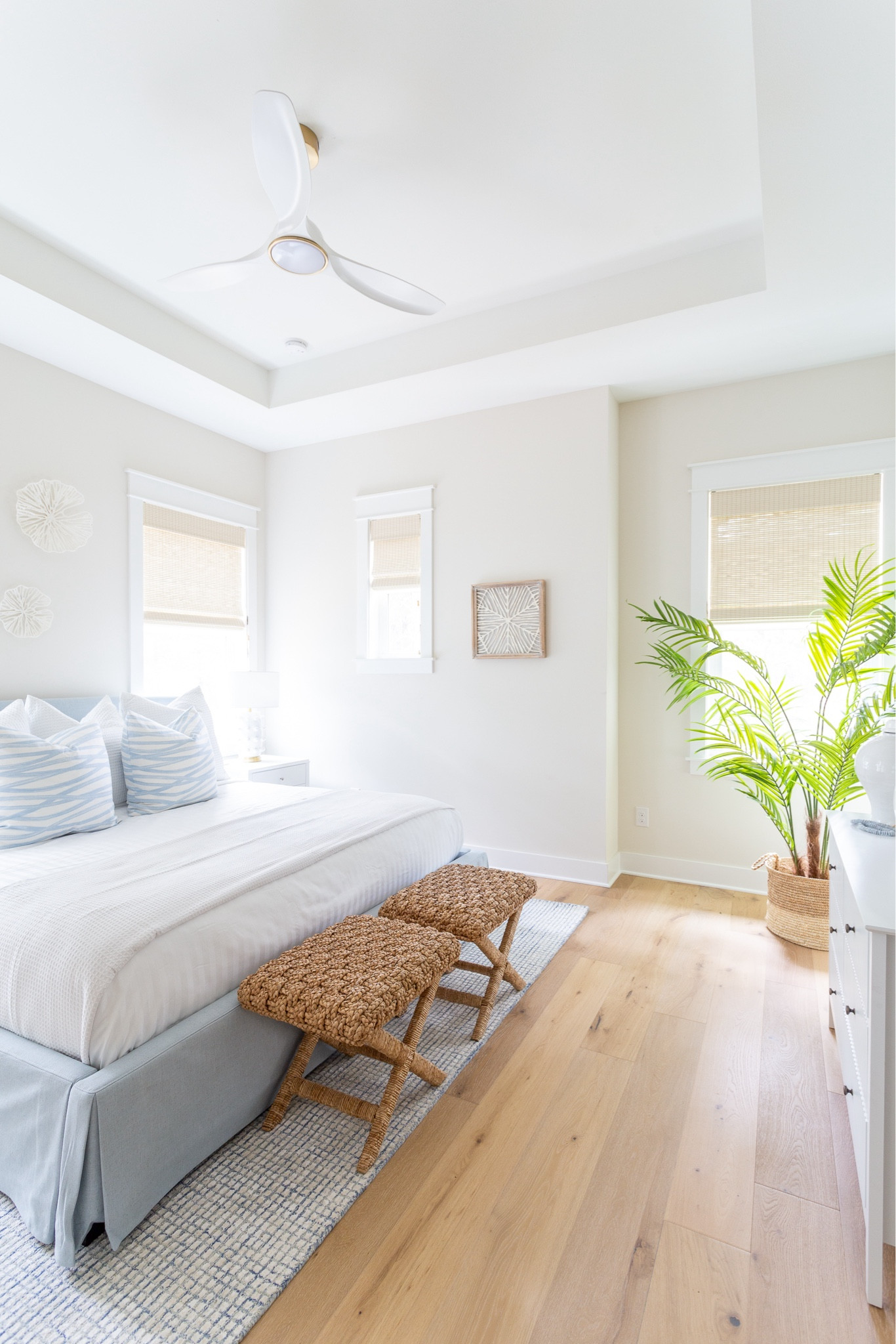 A view of the primary bedroom at Hola Beaches Casita, our newest 30A rental property! Includes a light blue upholstered bed, white nightstand, bubble dot lamp, wavy pillow covers, paper mache coral sculptures and a blue and white grid rug! See more of the home and this space here: https://lifeonvirginiastreet.com/hola-beaches-casita-30a-tour/.
.
#ltkhome #ltksalealert #ltkfindsunder100 #lrkfindsunder50 #ltkstyletip #ltkseasonal #ltktravel Walmart home, Amazon home, Target home

#LTKSaleAlert #LTKHome #LTKSeasonal