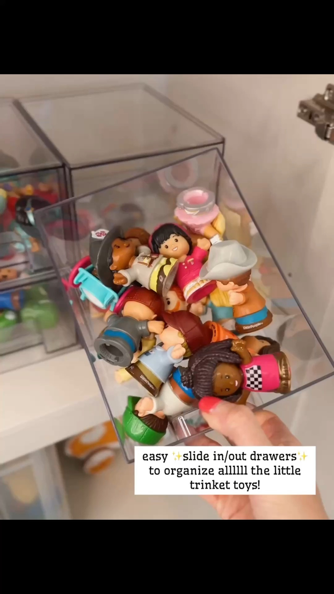 Easy slide in and out drawers for kids toys!! Keeps everything in one piece while looking cute