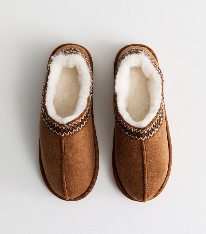Tan Faux Fur Lined Abstract Print Trim Slipper Boots | New Look | New Look (UK)
