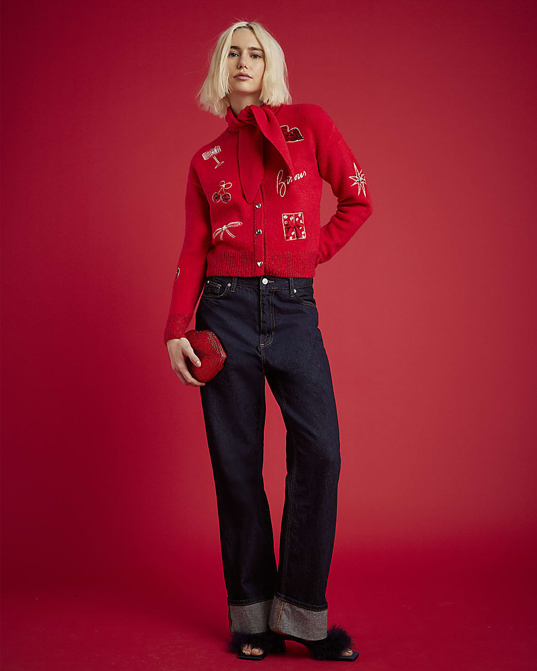 Nephthys Red Doodle Christmas Cardigan | River Island UK & IE