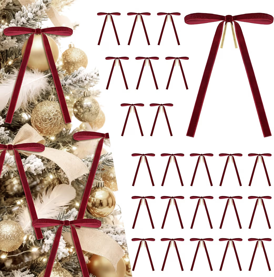 Der Rose 24Pcs Red Velvet Bows Burgundy Christmas Ornaments Ribbon Bows for Christmas Tree Garlan... | Amazon (US)