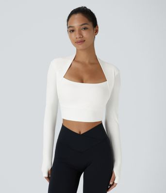 Women’s SoftlyZero™ Plush Long Sleeve Thumb Hole 2-in-1 Cropped Yoga Sports Top - Halara | HALARA