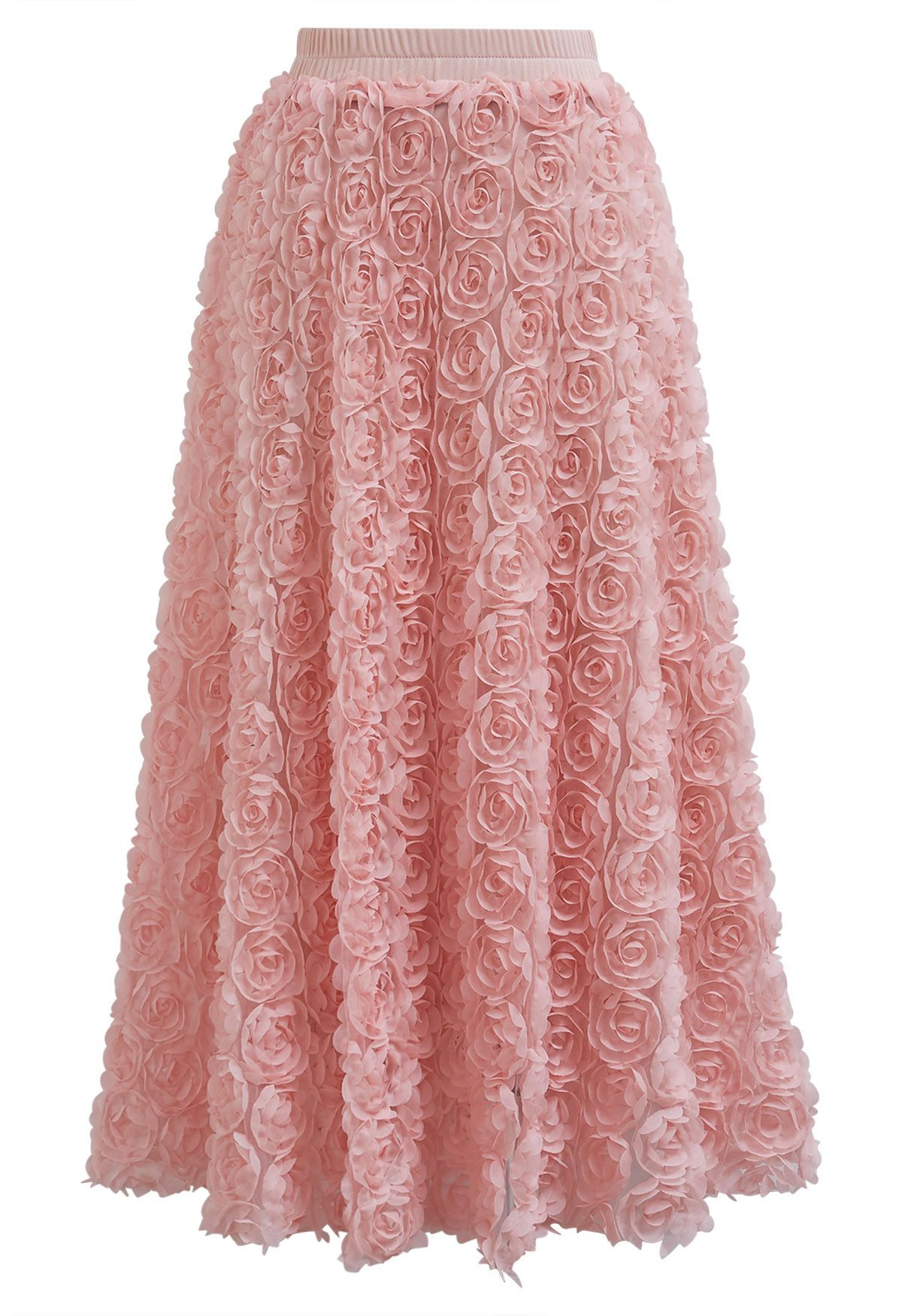 3D Rose Petal Mesh Midi Skirt in Pink | Chicwish