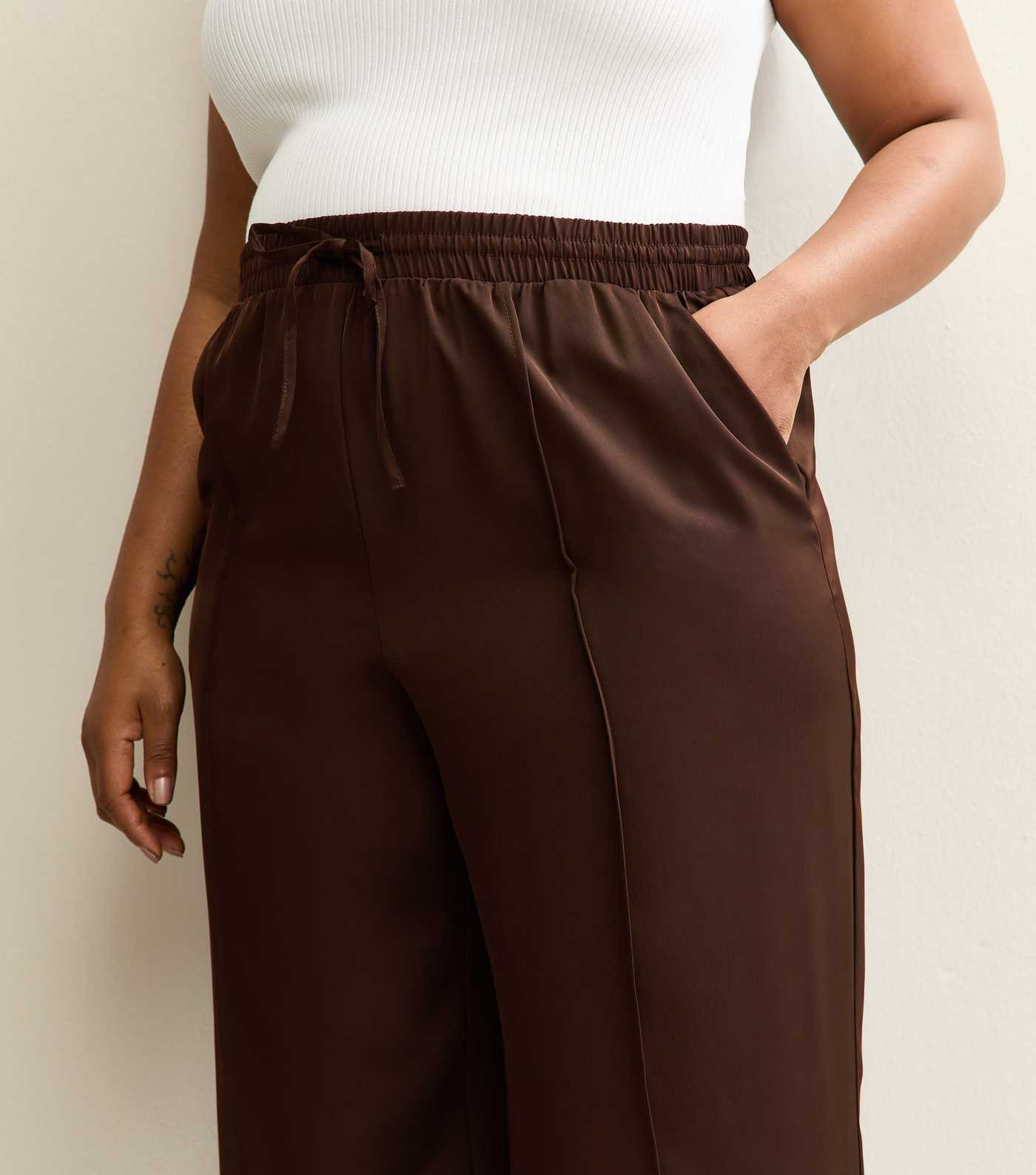 Curves Brown Satin Wide Leg Trousers | New Look | New Look (UK)