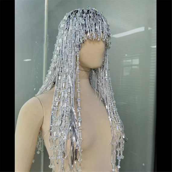 Designer Silver Sequin Crystal Tassel Wigs Women Birthday | Etsy | Etsy (US)