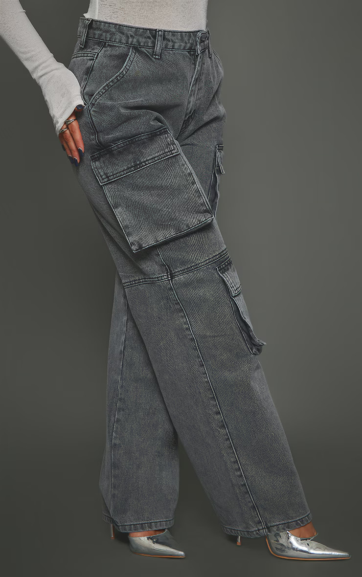 Grey Acid Wash Low Rise Baggy Boyfriend Cargo Jeans | PrettyLittleThing US