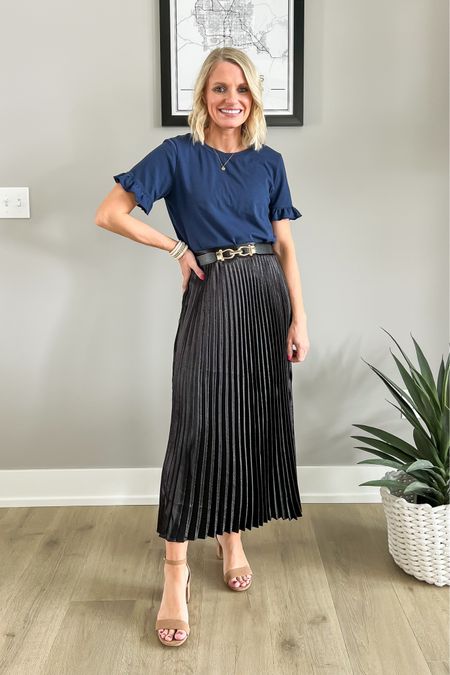 Navy top styled with a black skirt. 
Top- small
Skirt- old, linked similar 
Shoes- old, linked similar 

#LTKSeasonal #LTKfindsunder50 #LTKstyletip