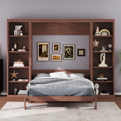 Queen Size Murphy Bed With Storage Shelves, Wall Bed Cabinet Bed With Desk, Foldable Platform Bed With Bookshelf | Wayfair North America