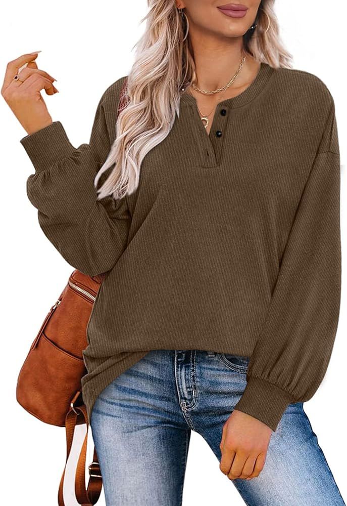 Dofaoo Womens Sweatshirts Trendy Balloon Sleeve Henley Shirts Fall Sweaters Comfy Button Up Casual T | Amazon (US)