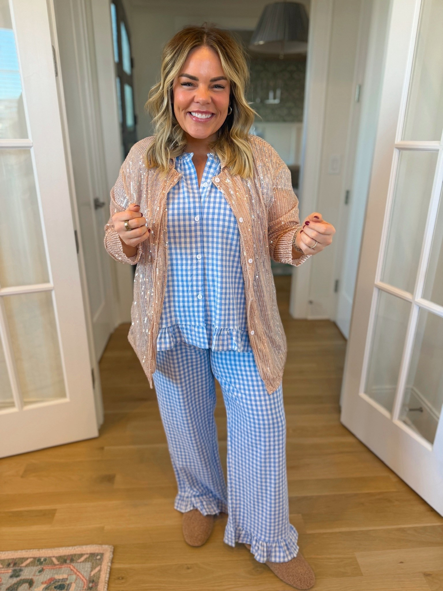 pajama outfit inspo, gingham pajama style, sequin layering piece, cozy glam look, chic loungewear, comfy stylish outfit 

#LTKSeasonal #LTKootd