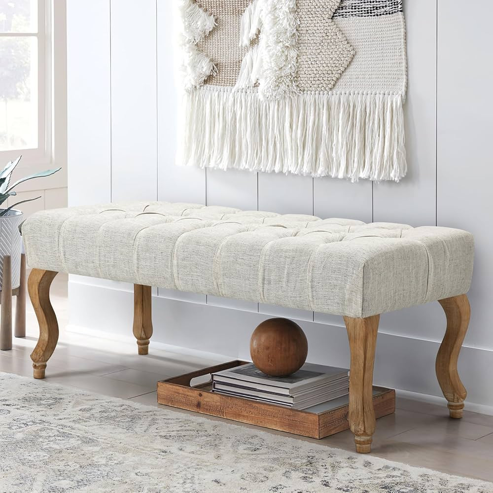 ECOTOUGE French Vintage Button-Tufted Upholstered Entryway Bench, Linen Fabric Accent Bench with ... | Amazon (US)