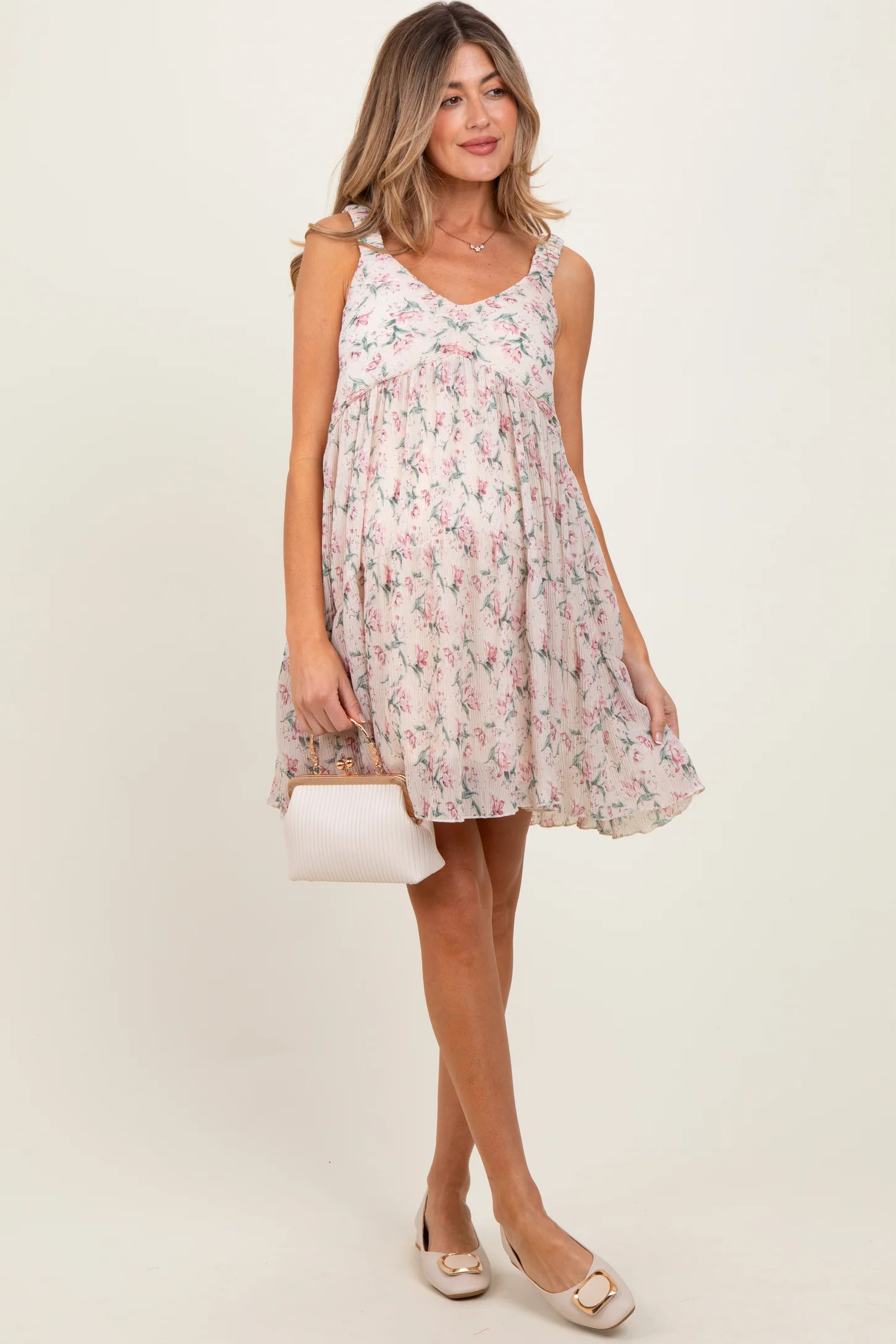 Pink Floral Plisse Texture Maternity Mini Dress | PinkBlush Maternity