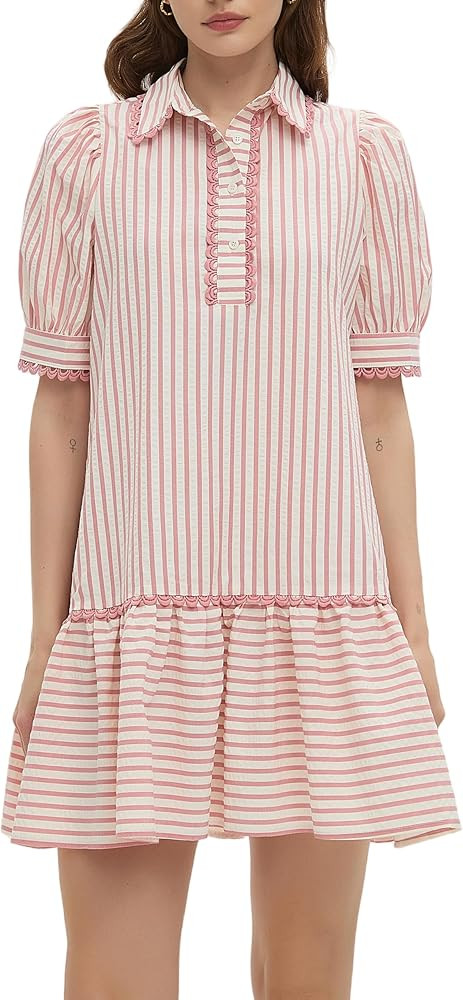 Women Striped Shirt Dress Summer Button Down Collared Short Puff Sleeve Ruffle Hem Casual Flowy M... | Amazon (US)