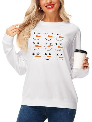 AOBUTE Women's Christmas Snowman Shirts Crewneck Snowman Face Print Cute Shirts M | Amazon (US)