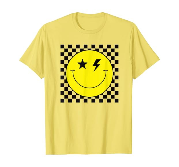 Checkered Lightning Eyes Yellow Smile Face Shirt Happy Face T-Shirt | Amazon (US)
