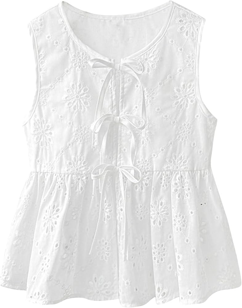 SOFIA'S CHOICE Women Bow Tie Front Tank Top Eyelet Embroidery Sleeveless Babydoll Peplum Tank Top... | Amazon (US)