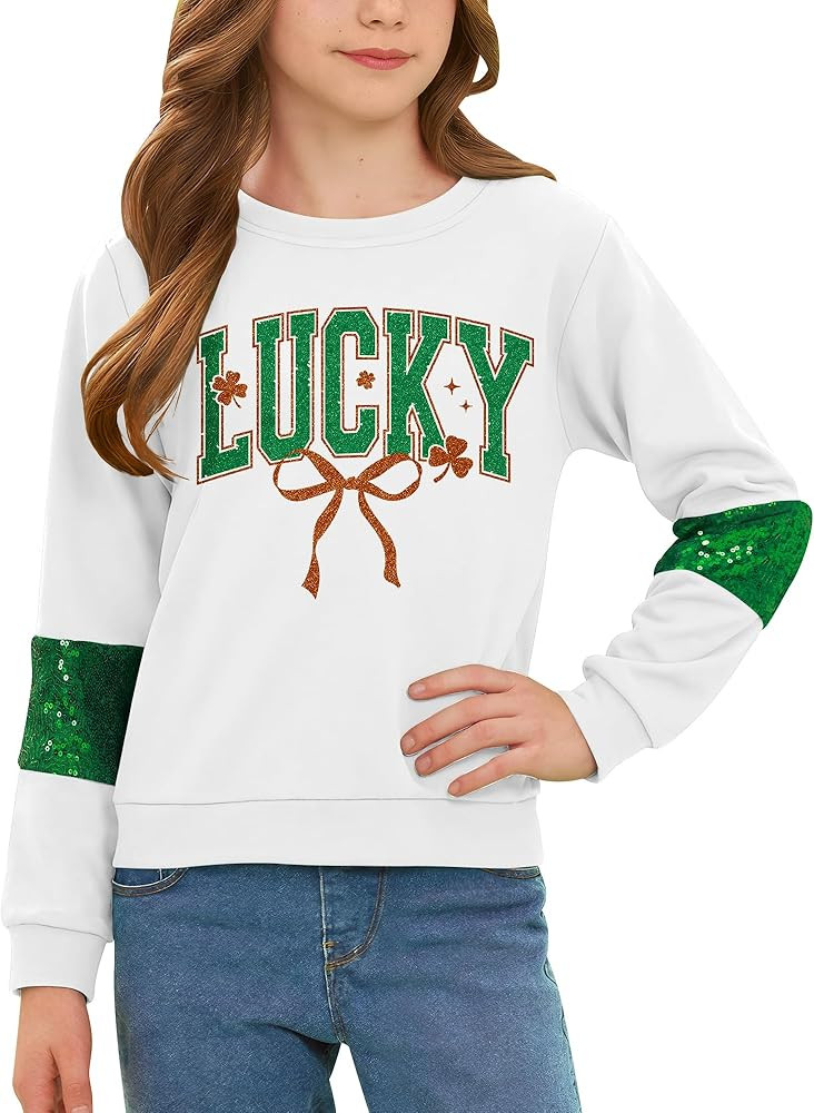 Girls St.Patrick's Day Sweatshirt Shamrock Irish Print Sequin Sleeves Shirt 4-14 Years | Amazon (US)
