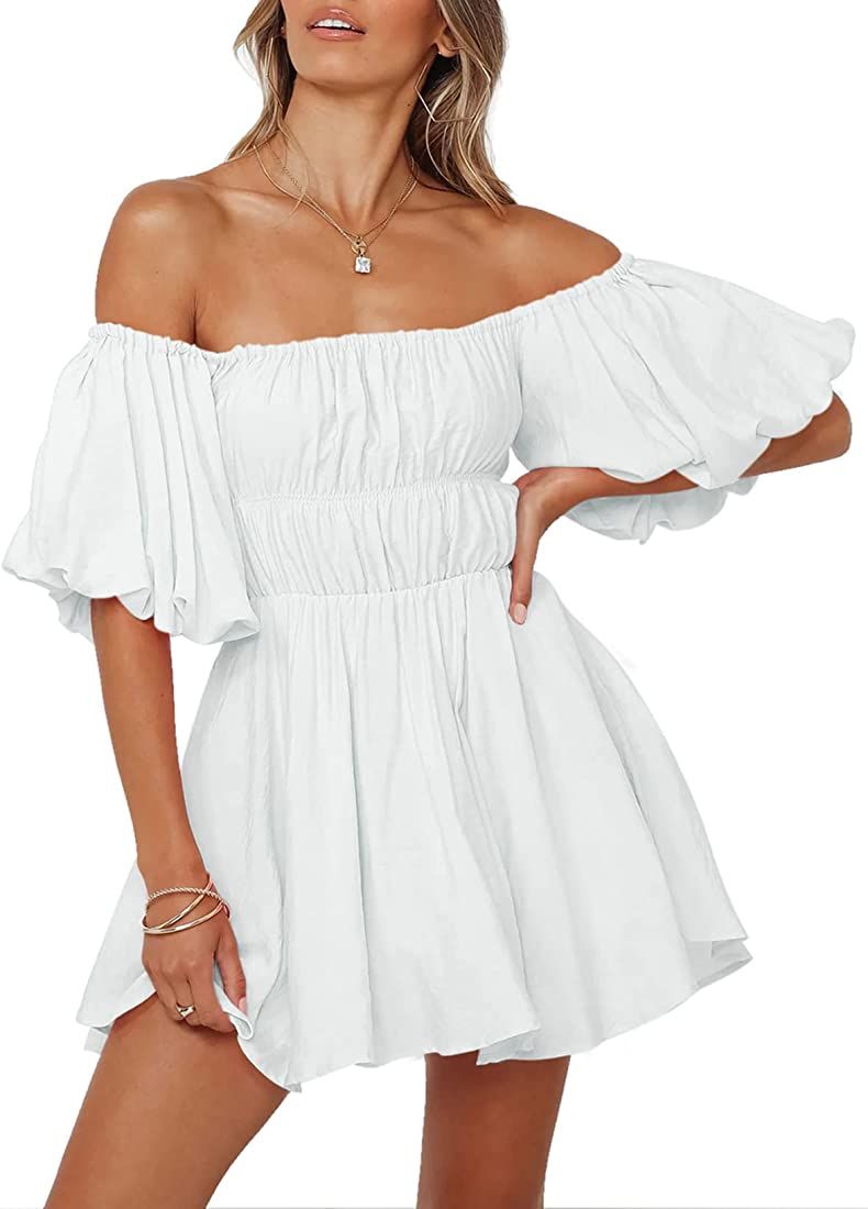 Womens Off Shoulder Summer Dresses Short Lantern Sleeve Ruffle Elastic Waist A-Line Casual Mini D... | Amazon (US)