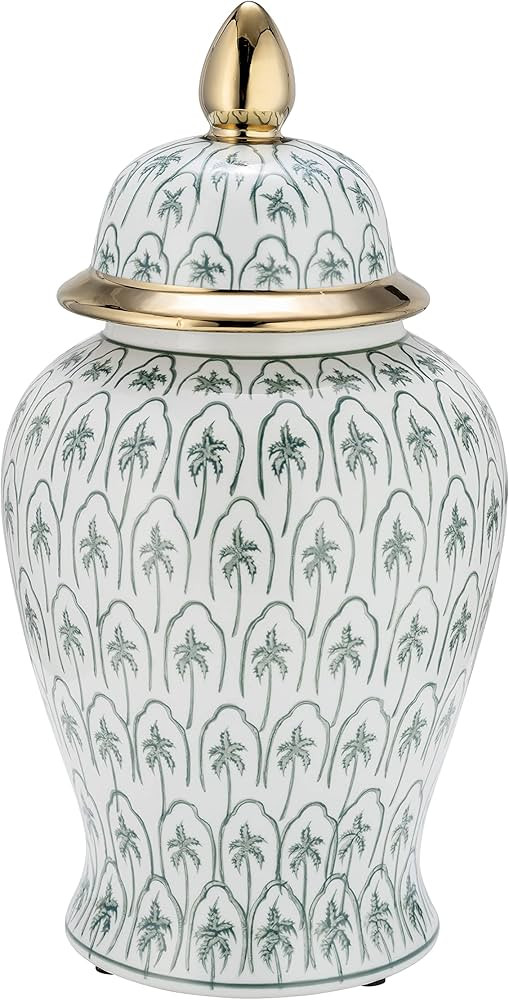 18" Temple Jar with Lid - Ceramic White, Green and Gold Palm Tree Decorative Stoneware for Home, ... | Amazon (US)