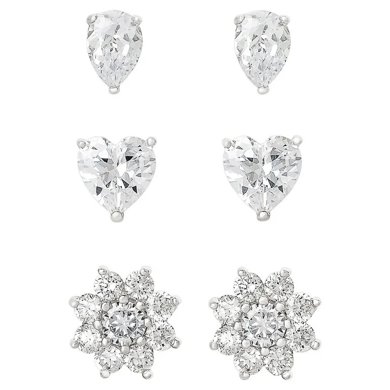 Believe by Brilliance Women's Sterling Silver and Cubic Zirconia Multi Shape Stud Earrings, Set o... | Walmart (US)