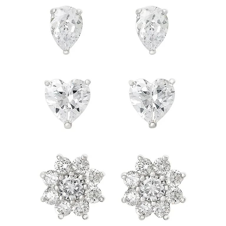 Believe by Brilliance Women's Sterling Silver and Cubic Zirconia Multi Shape Stud Earrings, Set o... | Walmart (US)