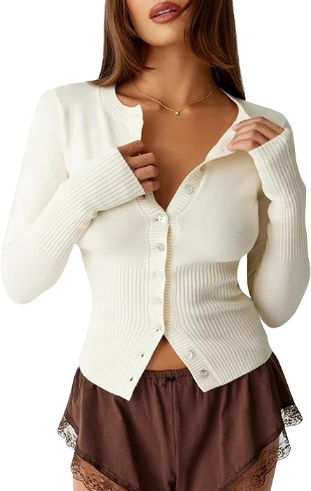Womens Open Front Button Up Cropped Cardigan Ribbed Knit Long Sleeve Shirt Casual Solid Crop Top Cardigan Sweater | Amazon (US)