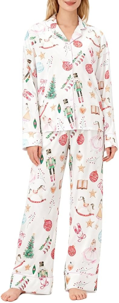 Juakoso Women Christmas Pajamas Set Cute Satin Silk Xmas Pants Sets 2 Piece Lounge Sets Santa Cla... | Amazon (US)