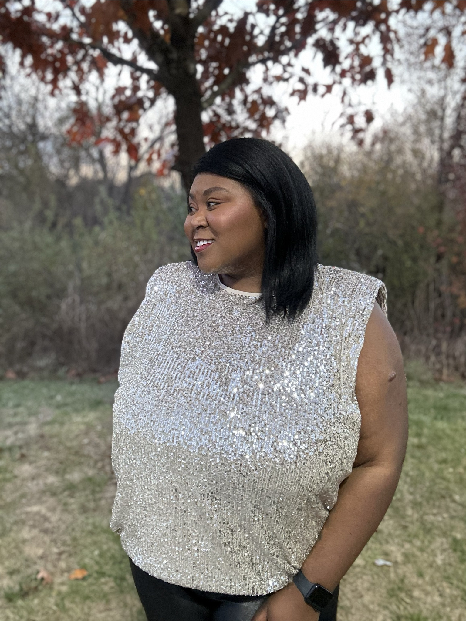 A cute, stylish and comfortable outfit. Perfect for a holiday or New Year’s party. Layered with the blazer so great for cool weather. Sparkly, stylish top paired with liquid leggings and a modest heel for the perfect night out. 

#LTKparties #LTKHoliday #LTKplussize