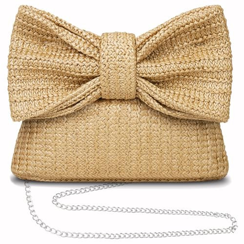 Straw Clutch Purse for Women, Bow Shoulder Crosbody Handbag Woven Beach Purse, Summer Evening Purse Vacation Handbag Tote Purse Shoulder Crossbody Bag 2024 Trendy, Bow-Khaki-Chain | Amazon (US)