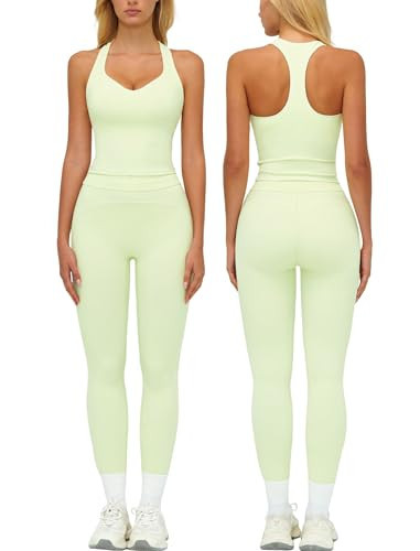 PQBPQB 2 Piece Workout Sets for Women Color Block Racerback Tank Tops Matching High Waist Tummy Control Leggings Womens Two Piece Athletic Set Gym Wear Active Yoga Pilates Outfits Fruit Green L | Amazon (US)