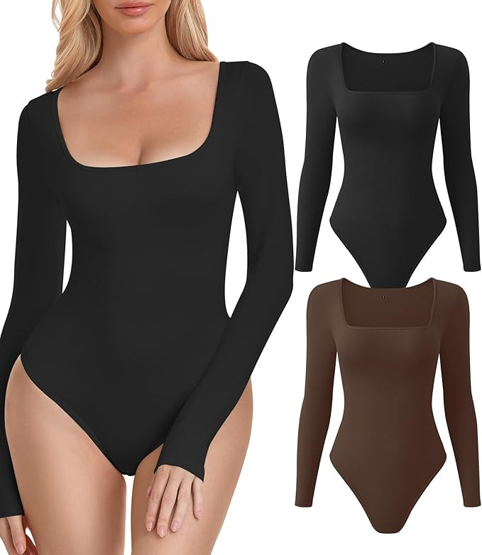 Relety 2 Pack Long Sleeve Bodysuits for Women Shapewear Tummy Control Square Neck Ribbed Body Sui... | Amazon (US)